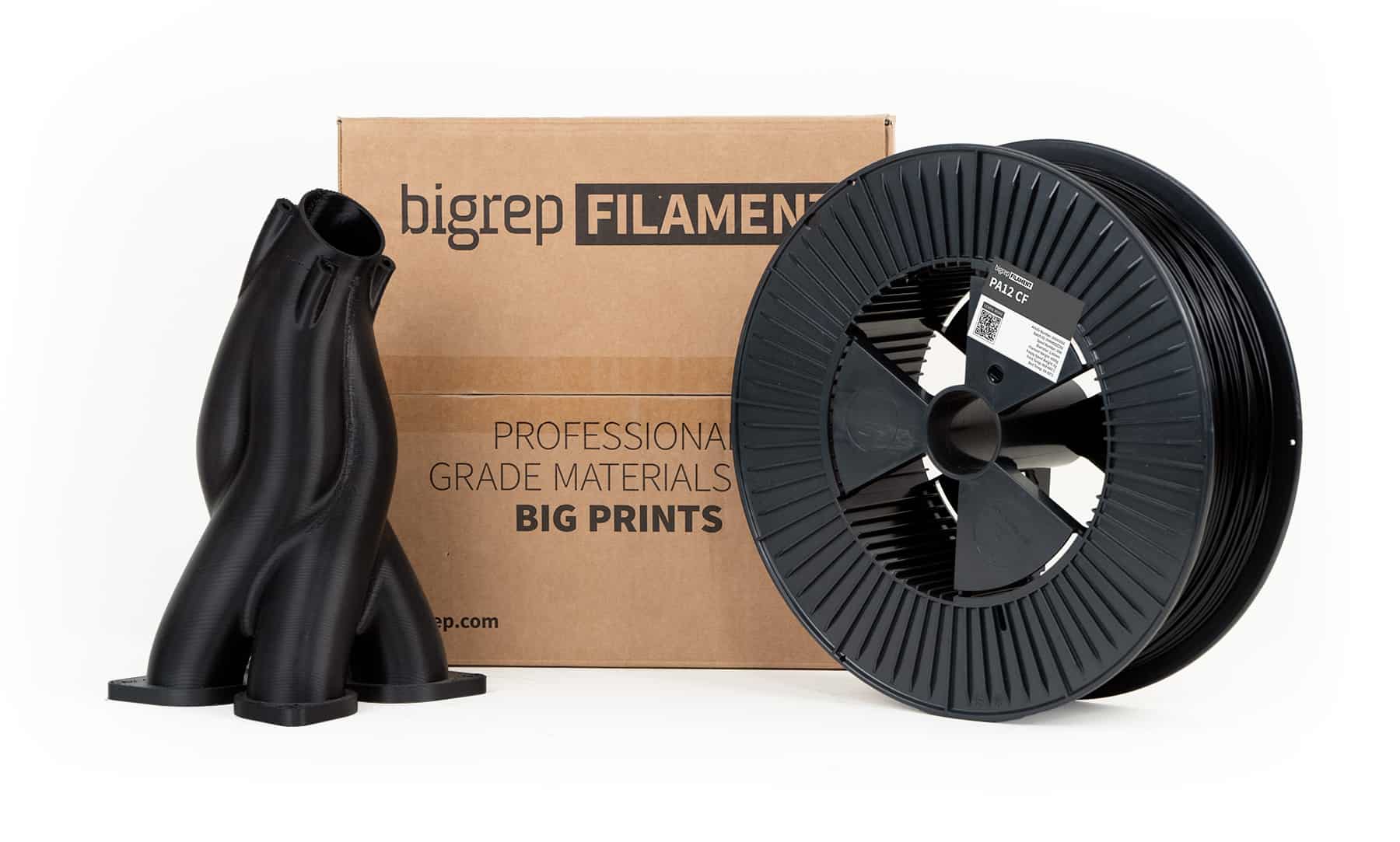 BigRep PA12 CF filament spool and sample print