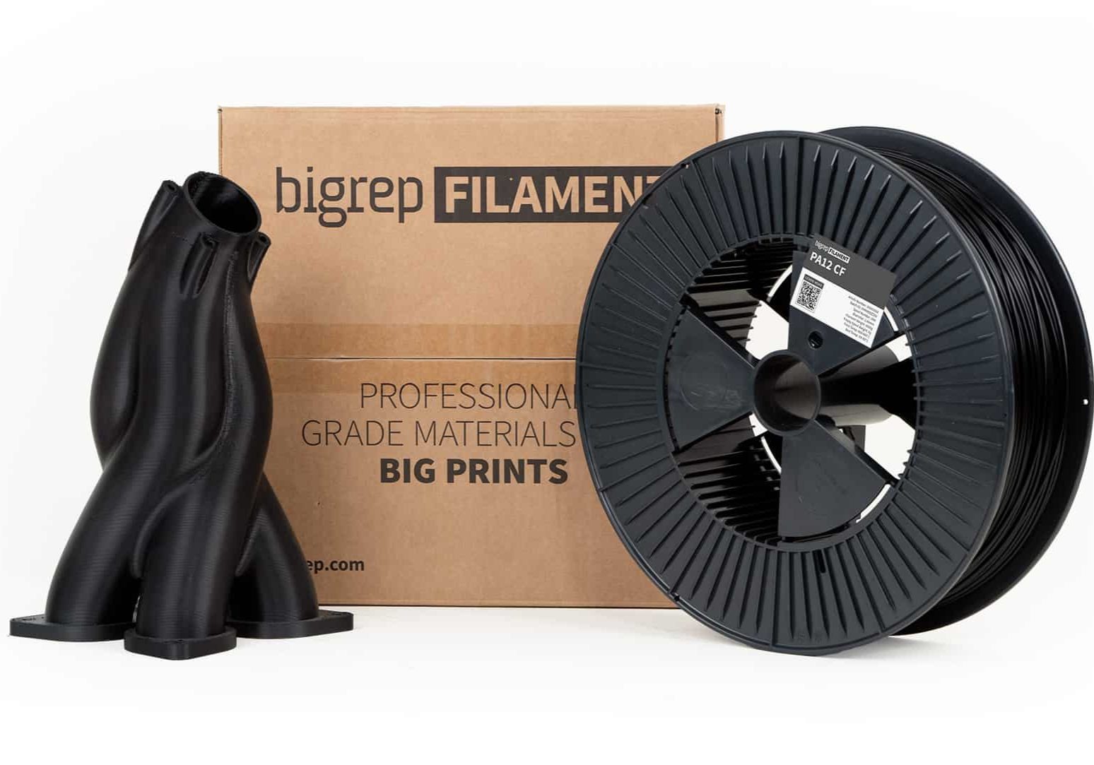 BigRep PA12 CF filament spool and sample print